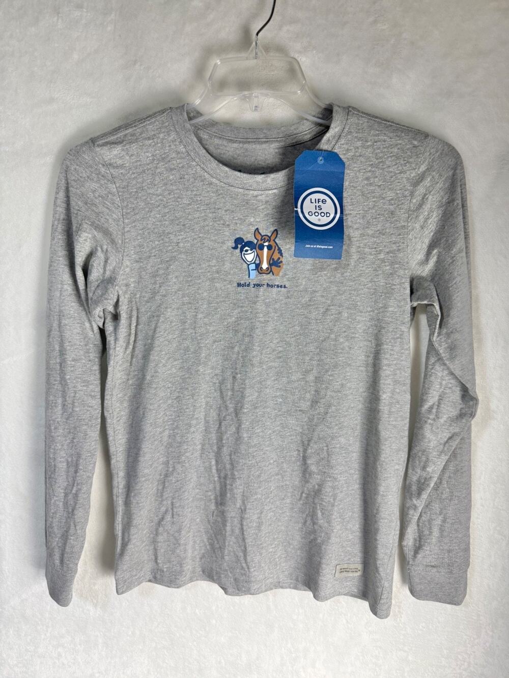 Life Is Good Hold Your Horses Long Sleeve Gray Shirt Women’s Size S *NWT